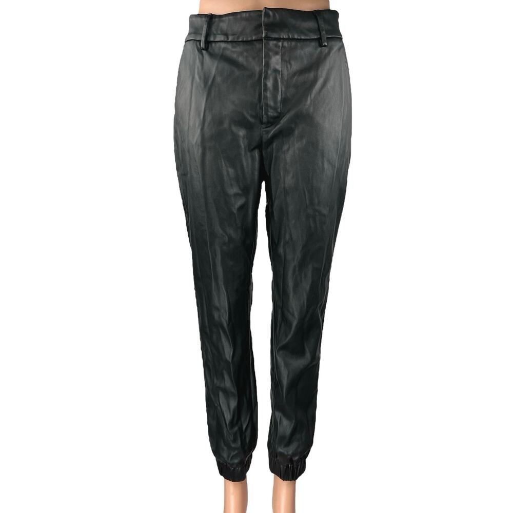 Bar III Black Faux Leather Vegan High Waisted Tapered Jogger Trouser Pants Sz 4